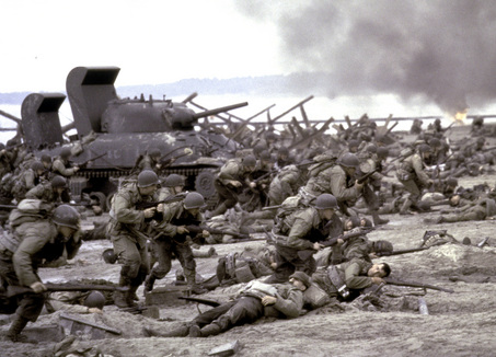** FILE ** In this undated file photo, provided by DreamWorks, American forces storm Omaha Beach during the World War II D-Day landing in France in a scene from the 1998 film "Saving Private Ryan."  (AP Photo/DreamWorks, David James, File)